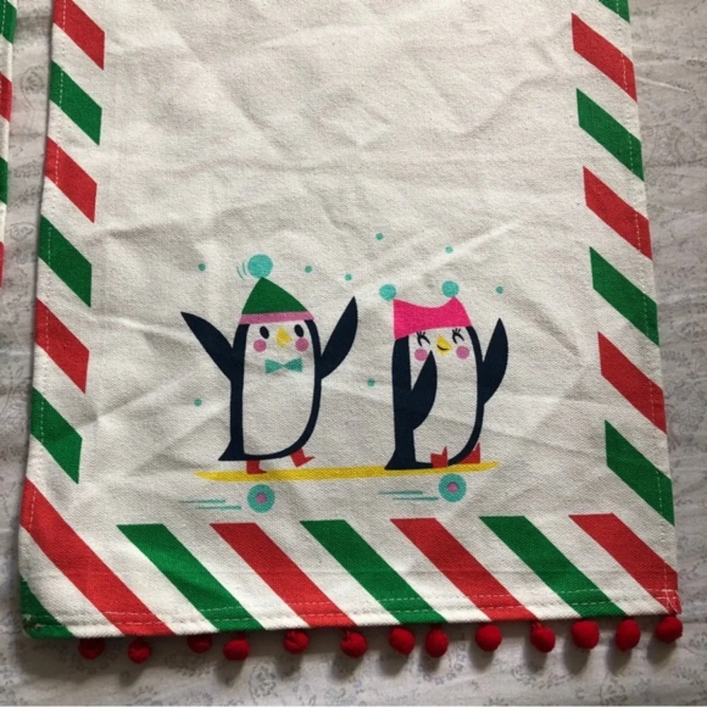 Christmas Holiday Penguins Snowflakes Canvas table‎ runners set of 2